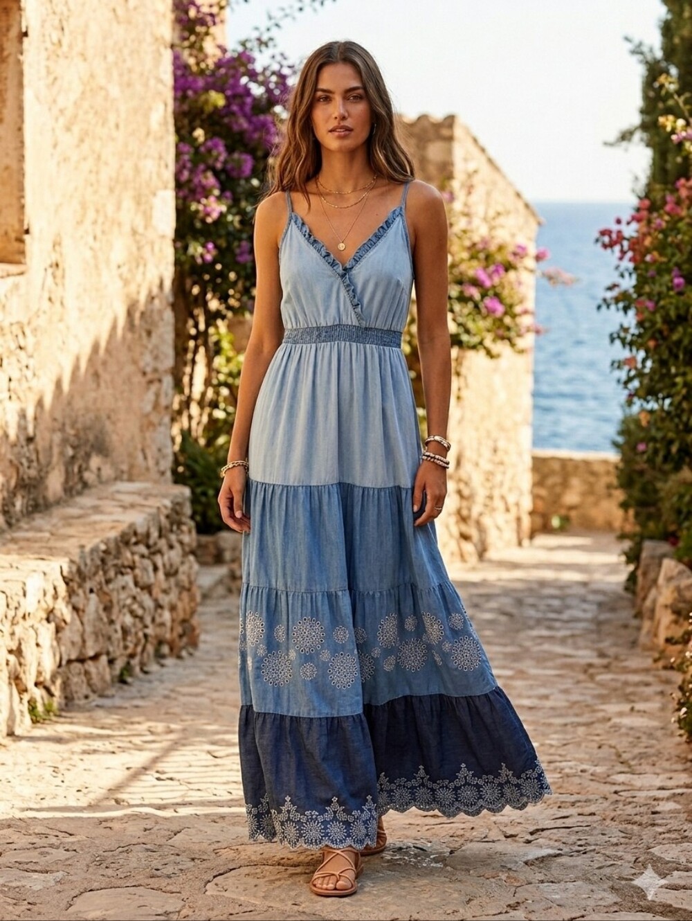 Desigual Blue Lyocell Embroidered Teired Maxi Dress